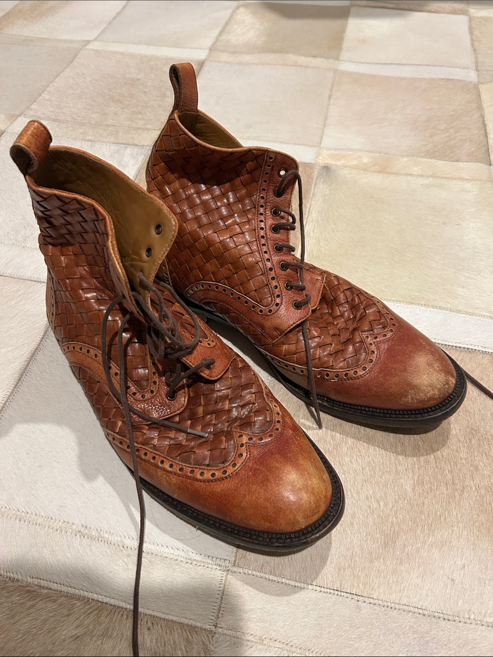 Taft Woven Leather Lace-Up Boots - Chestnut Brown